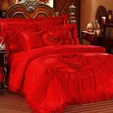 婚庆天丝棉贡缎大红色四件套韩式蕾丝六件套结婚床上用品床单被套