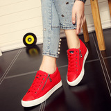 人本新款红色拉链帆布鞋女韩版学生内增高透气布鞋厚底松糕女鞋潮