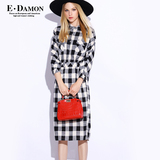 Edamon2015秋冬装新款女装欧美风修身格纹拼色中长款棉麻连衣裙