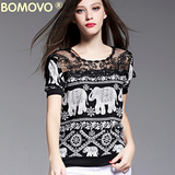 Bomovo2016夏季新款欧美印花雪纺衫女蕾丝衫宽松上衣小衫雪纺T恤