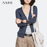 Amii2016春夏季纯色修身长袖羊毛V领针织衫女开衫女薄款外搭外套