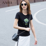 Amii[极简主义]2016夏新款圆领棉修身百搭休闲大码短袖印花T恤女