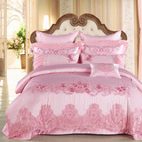 婚庆四件套 全棉粉色刺绣蕾丝床品床单式1.8m床 结新婚床上用品