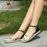 Camel骆驼女鞋 舒适休闲鞋 真皮圆头平底单鞋 春季个性铆钉鞋潮
