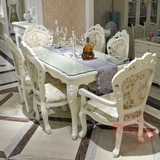 欧式田园餐厅餐桌椅子组合套餐 象牙白实木雕花长方形吃饭桌餐台