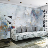 大型客厅沙发背景墙 壁纸壁画无缝墙纸 时尚中国风油画荷花抽象