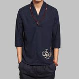 中国风夏季亚麻短袖上衣男士青年棉麻汉服唐装中式民族服装居士服