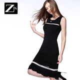 ZK黑白撞色无袖荷叶边连衣裙修身显鱼尾裙子女装2016夏季春装新款