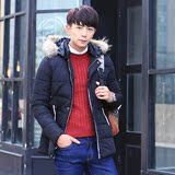 冬季新款青年男士中长款韩版修身连帽毛领棉衣棉服外套