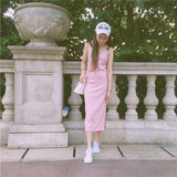 夏季新款韩版修身V领纯色中长款裙子长裙 韩国显瘦背带裙连衣裙女
