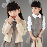 2016新款女童春秋装学院风格外套格子连衣裙甜美可爱套装两件套