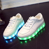 七彩发光鞋USB充电夜光灯鞋儿童小白鞋纯黑白色系带平底圆头童鞋