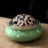陶瓷青瓷香薰炉 铜盖盘香线香炉 檀香沉香 小巧实用 熏香摆件礼品