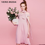 VeroModa2016秋季新品一字领拼接百褶高腰中长款连衣裙|31637B525
