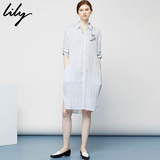 Lily2016新款女装镂空条纹衬衫连衣裙七分袖衬衫裙116319C7901