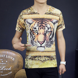 夏装新款男士时尚短袖T恤韩版修身3D印花潮老虎头大码男装