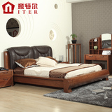意特尔红橡木实木床1.8米现代中式头层牛皮真皮软靠榻榻米双人床