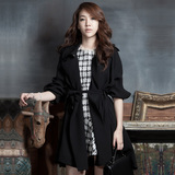 2015秋季新款 韩版修身黑色风衣女 时尚显瘦中长款外套