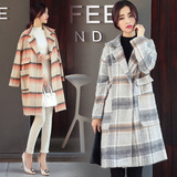 2015冬季新款 时尚复古格子撞色翻领茧型羊绒毛呢大衣韩版外套女