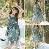 韩版夏季女装新款复古文艺小清新花朵印花吊带雪纺连衣裙中长裙子