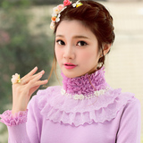 韩版新款秋冬女装高领针织衫蕾丝花边扣钻修身短款打底套头毛衣