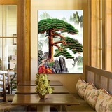 现代中式迎客松风景单幅竖版无框壁画 家居玄关过道风水装饰挂画