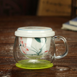 陶瓷玻璃耐热茶杯 过滤网花草 绿茶杯子 带盖个人普洱红茶杯办公