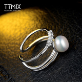 Ttmix双层天然淡水珍珠 开口饰品创意白银女生百搭清新925银戒指