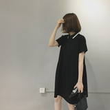 夏季新款韩版宽松中长款黑色裙子中裙 韩国显瘦短袖连衣裙女学生