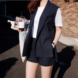 2016韩版西装马甲短裤套装女夏短款棉麻时尚修身两件套薄款潮