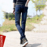 夏季韩版长裤子做旧压皱深黑蓝色磨白男士牛仔裤修身铅笔小脚裤潮