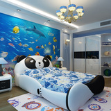 真皮床卡通熊猫儿童床1.5米/1.8米男孩女孩时尚单人床家具个性卧