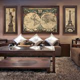 美式公司客厅办公室复古世界地图装饰画沙发背景墙画三联油画02款