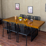 新款铁艺拼接做旧金属实木大板长餐桌复古书条桌美式乡村酒吧桌椅