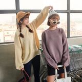 韩国秋季必备简约横条纹纯色小清新长袖套头宽松毛衣女显瘦针织衫