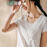 茵曼女装 夏装新款亚麻白色纯色短袖T恤女夏季短款上衣8520220168