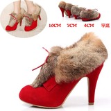 冬季新娘婚鞋 兔毛短靴红色高跟中跟及踝靴女真皮靴 结婚靴子红鞋