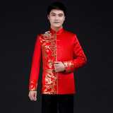 中式婚礼新郎长袖秀禾服男士唐装中山装红色结婚礼服古装 新款
