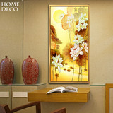 新中式客厅装饰画相框画无框画玄关墙纸壁纸壁画过道竖版金色荷花