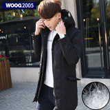 WOOG2005男士加厚长款羽绒服2015冬季青年黑色连帽外套男