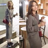 韩国针织两件套2016秋季新品加厚螺纹棉毛衣针织衫开叉半裙套装