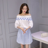 2016夏装韩版一字领蕾丝拼接灯笼袖上衣+花朵套装裙