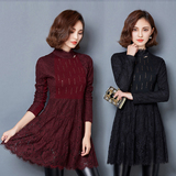 2015秋冬新款韩版女装修身显瘦中长款加绒加厚蕾丝长袖打底连衣裙