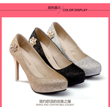 单鞋春秋季节女鞋新款包邮细跟高跟纯色套脚水钻厂价直销黄金布面