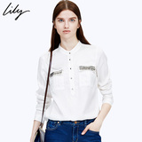 Lily2015秋新款女装舒适修身纯色钉珠长袖衬衫115320H4126