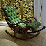 新古典全实木摇椅 美式乡村真皮躺椅 简约欧式复古雕花休闲老人椅