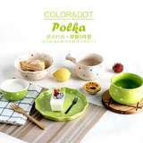 亿嘉 波点创意5件套装 陶瓷可爱碗日式情侣碗个性早餐碗盘餐具