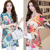 2016新款韩版大码女装棉麻短袖宽松衬衣夏季印花衬衫女中长款上衣