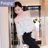 Palglg夏季新款女装2016宽松性感露肩立体花小吊带衫短款雪纺上衣