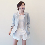 【韩国代购】韩国女装2016夏装新款时尚翻领口袋纯色长袖外套